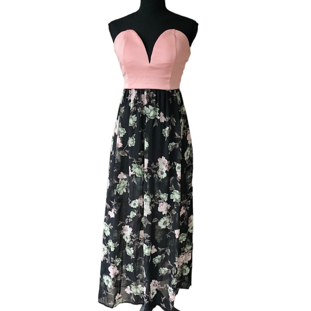 (010)Papaya Pink Floral strapless Maxi dress size Medium